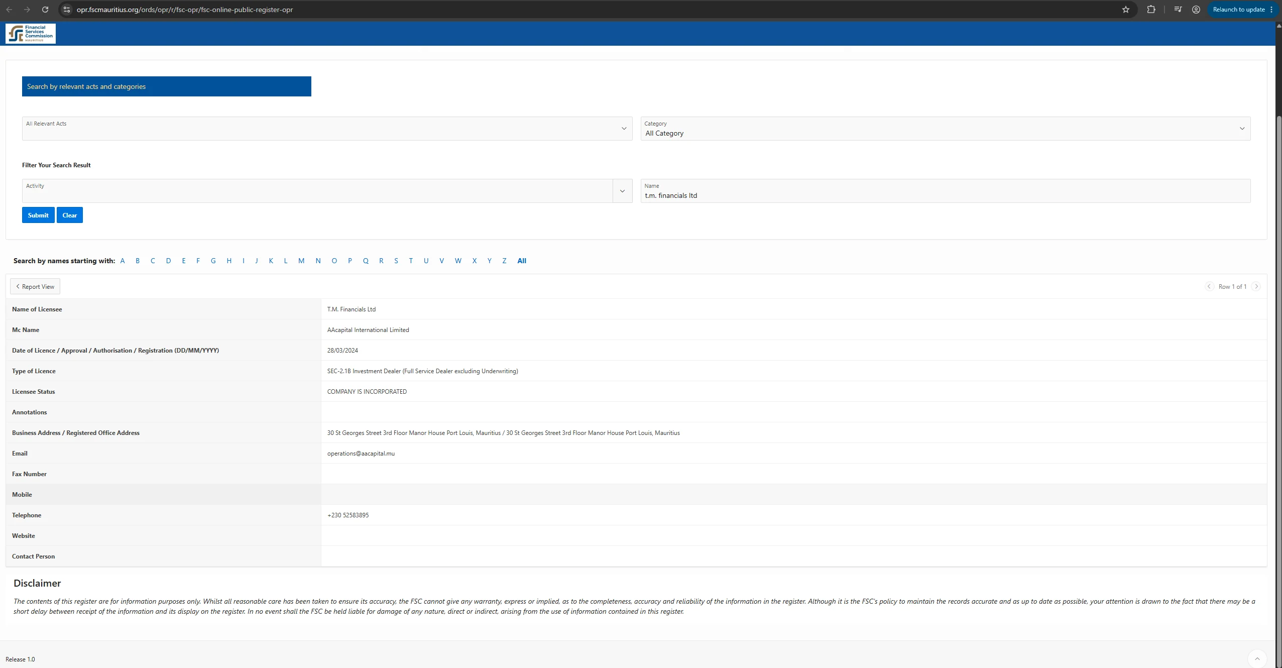 The FSC Mauritius public Register of Licensees showing the entry for T.M. Financials Ltd: management company AAcapital International Limited, registration date 28 March 2024, licence type SEC-2.1B Investment Dealer Full Service Dealer excluding Underwriting, and status company is incorporated
